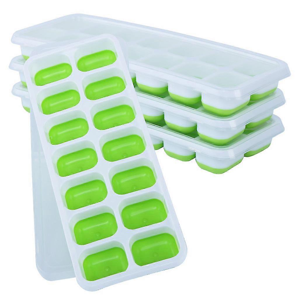 4pc Covered Ice Tray Set With 14 Ice Cubes Molds Flexible Rubber Plastic Stackab