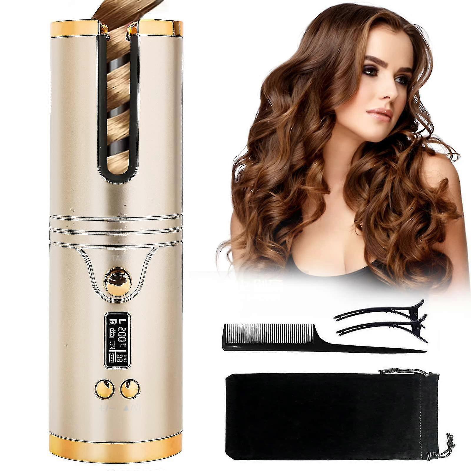 Automatic Curling Iron, Cordless Hair Curler With Lcd Display Adjustable Temperature Timer, Rotating Ceramic Professional