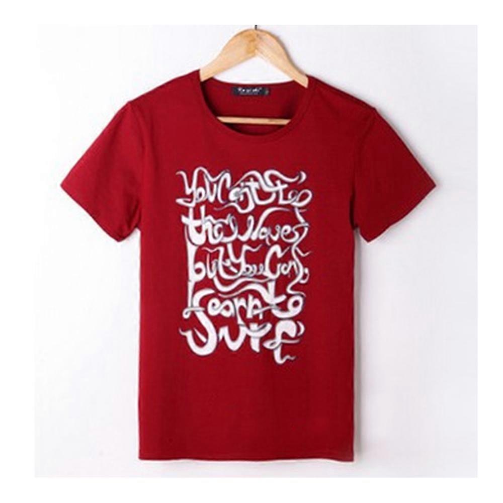 Solid Color Round Collar Pullover Men Short Sleeve T Shirt Blue Word