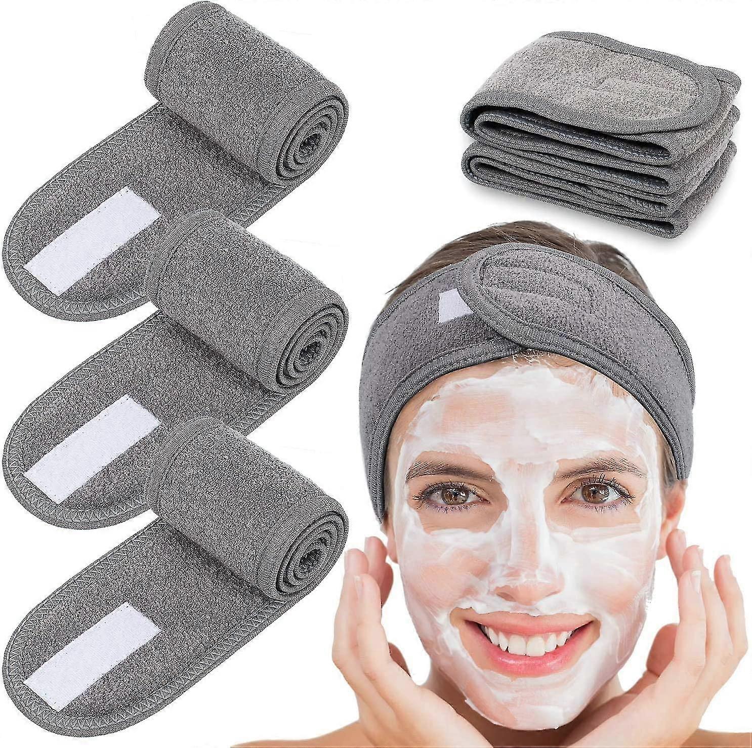 3 Pack Spa Facial Headbands Self Adhesive Stretchy Terry Cloth With Magic Stripgrey