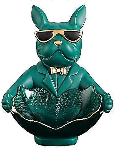 Figura di bulldog francese con vassoio in acciaio inossidabile, decorazione della scultura della decorazione della tavola, piccola parte della statua della ciotola chiave, contenitore, ciotola di frutta, verde