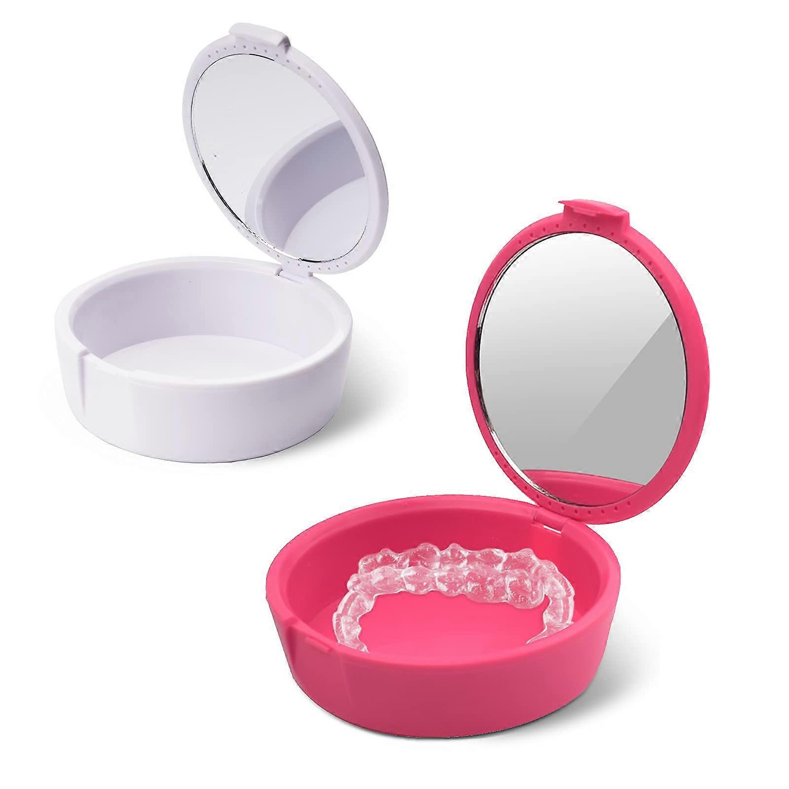 Retainer Case with Mirror Retainer Container Partial Denture Storage Box (Pink+White)