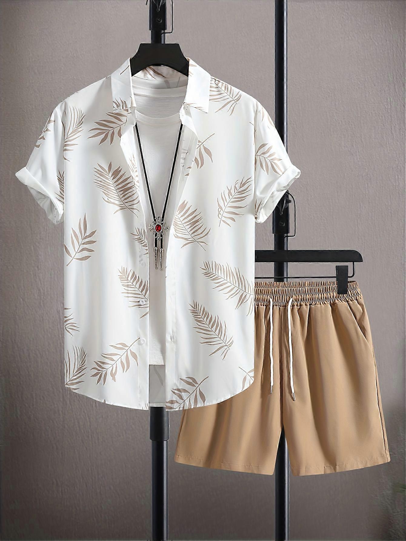 New style Men's Two-piece Outfits, Leaf Print Button Up Shirt And Drawstring Plain Shorts, Casual Loose Clothing For Summer
