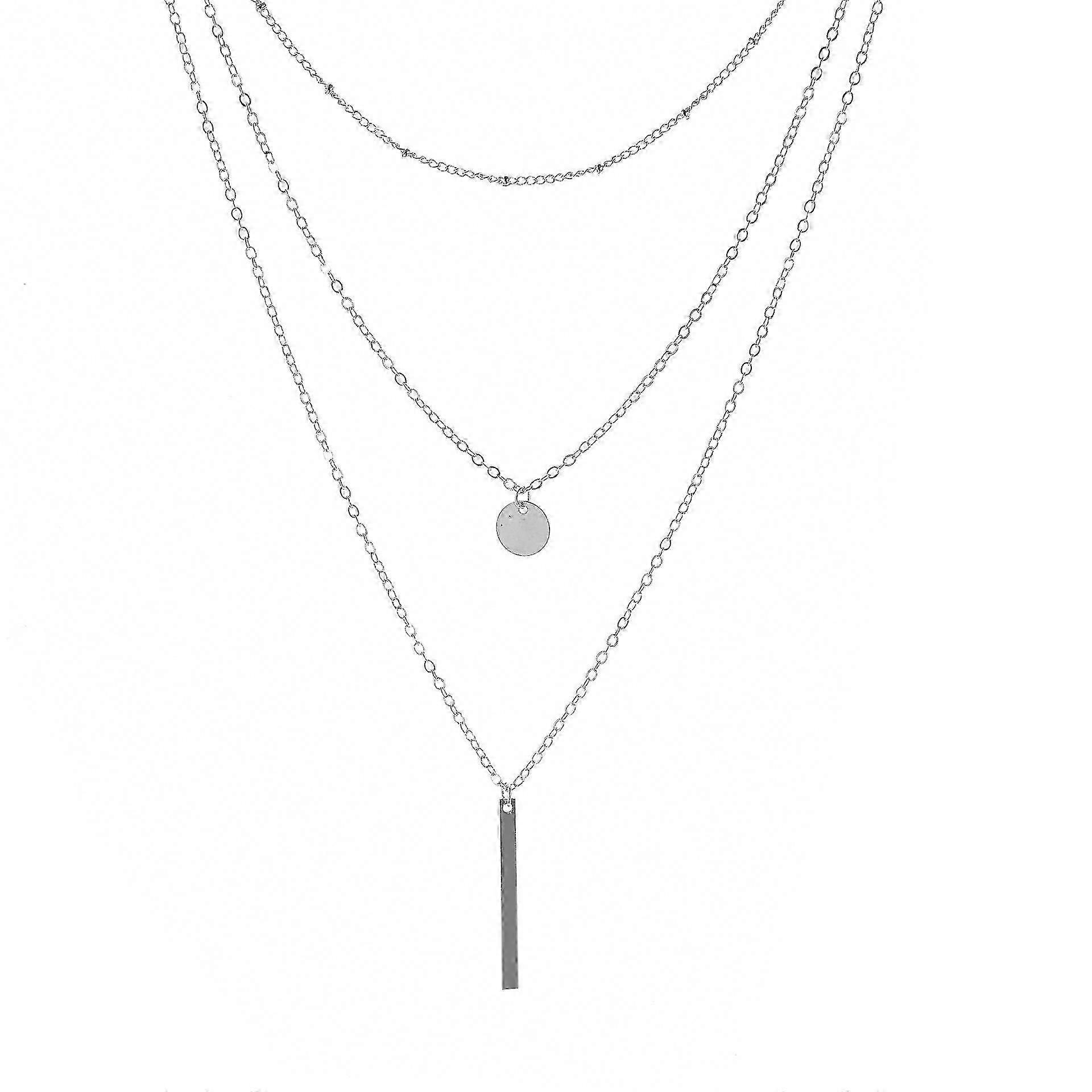 Multilayer Necklace with 3 Tier Pendant - Long Chain, Silver