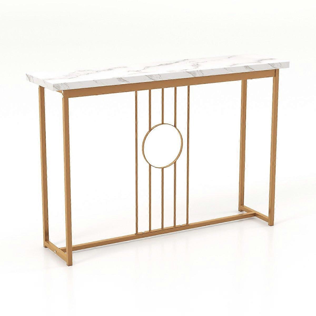 Marble look console table with metal frame and adjustable foot cushions