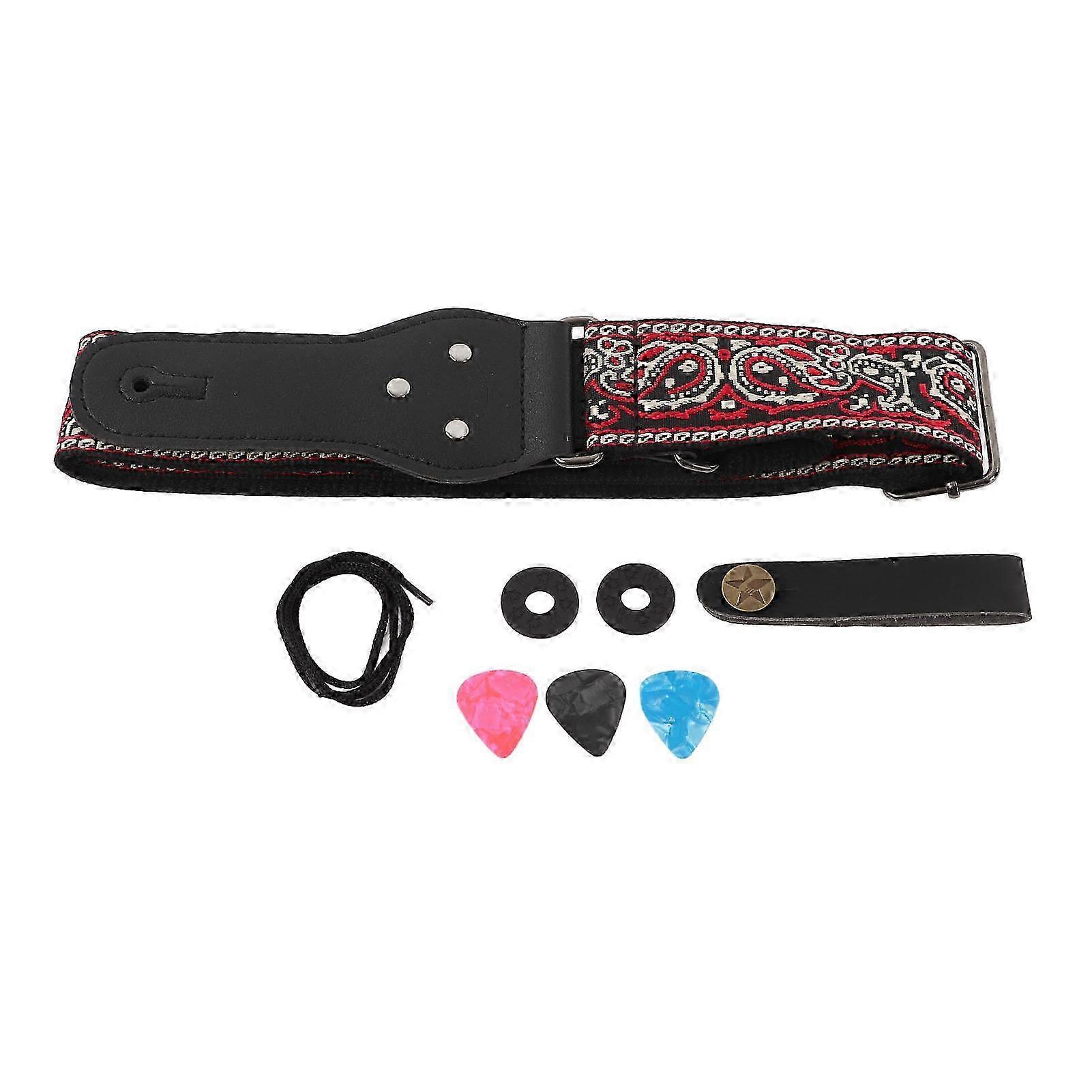 Guitar Strap, Adjustable with Paisley Pattern, Includes Guitar Picks, String, Washers and Leather End - Piece