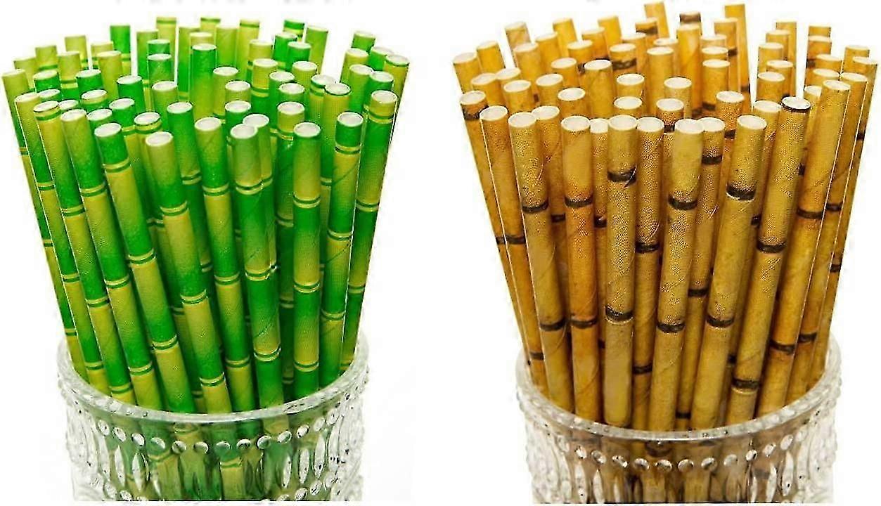 100 Pc 2 Colors Biodegradable Bamboo Print Paper Drinking Straws
