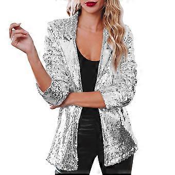 Womens Glitter Sequins Jackets Open Front Blazer Coat Casual Long Sleeve Lapel Collar Sparkly Cardigan Outerwear  Silver XL