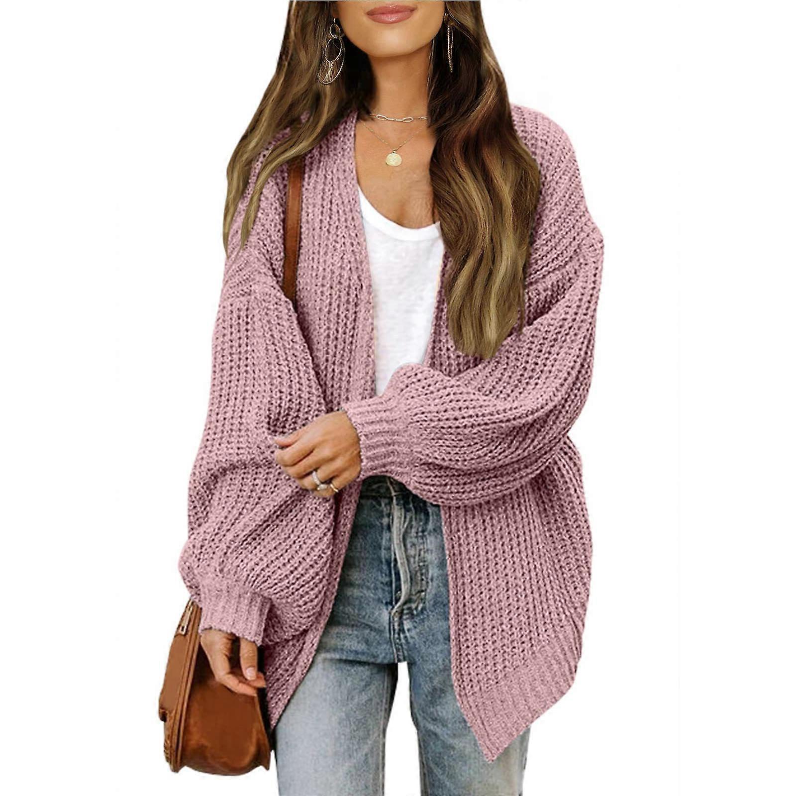 Women's 2023 Long Sleeve Open Front Casual Lightweight Soft Knit Cardigan Sweater Outerwear Pink XL