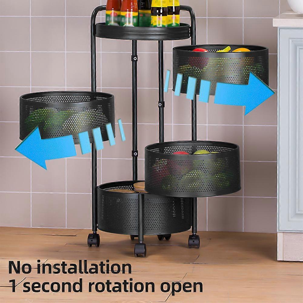 Rotating Kitchen Storage Rack No Assembly 3-Tier Carbon Steel Circular Rotating Basket with Wheels Space Saver Multi Layer Removable Fruit and Vegeta