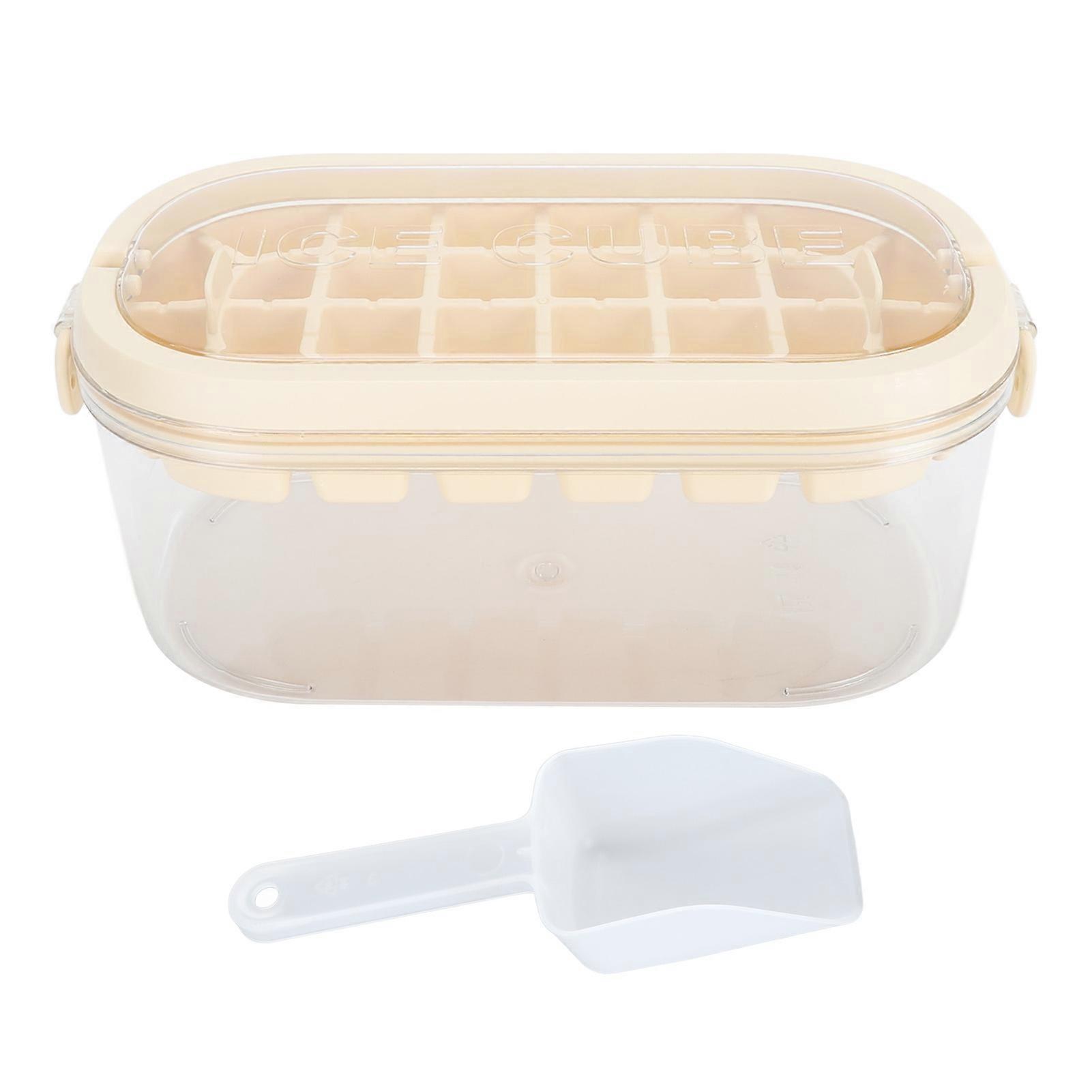 Ice Cube Tray with Lid Bin and Scoop Removable Cover Stackable Large Capacity Ice Cubes Mould Tray with Handle for Freezer Beige