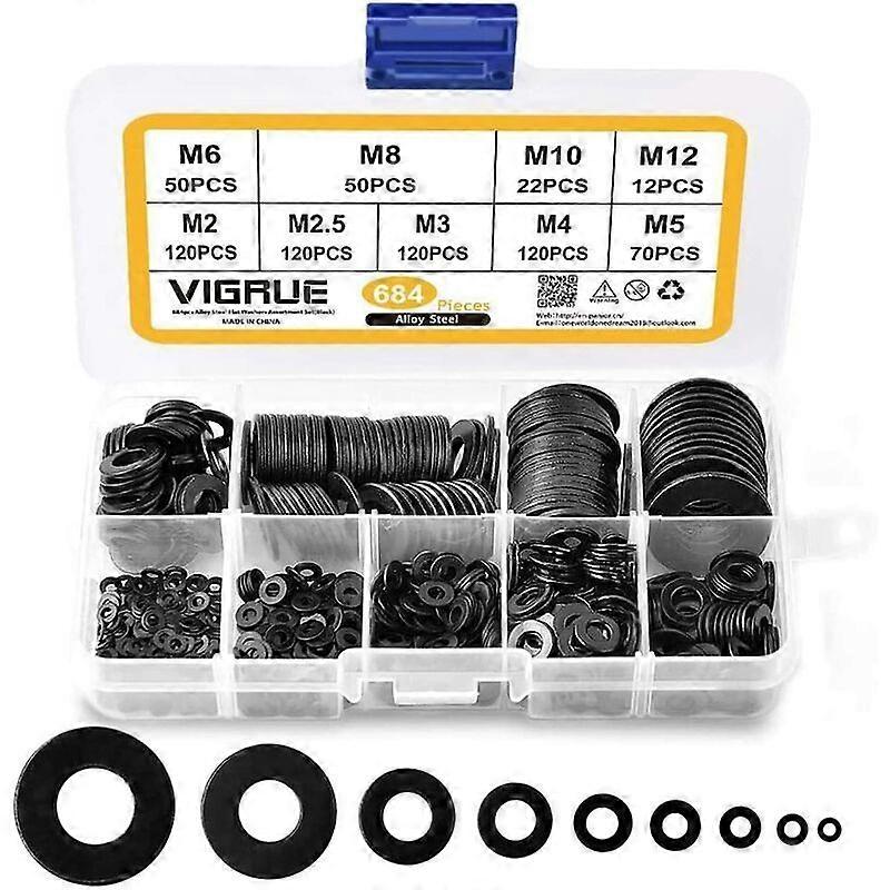 684 PCS Flat Washers in 304 Stainless Steel Assortment,M2 M2.5 M3 M4 M5 M6 M8 M10 M12 Flat Washer for Sealing Screws Sealing Rings-Comes with Box (Bla