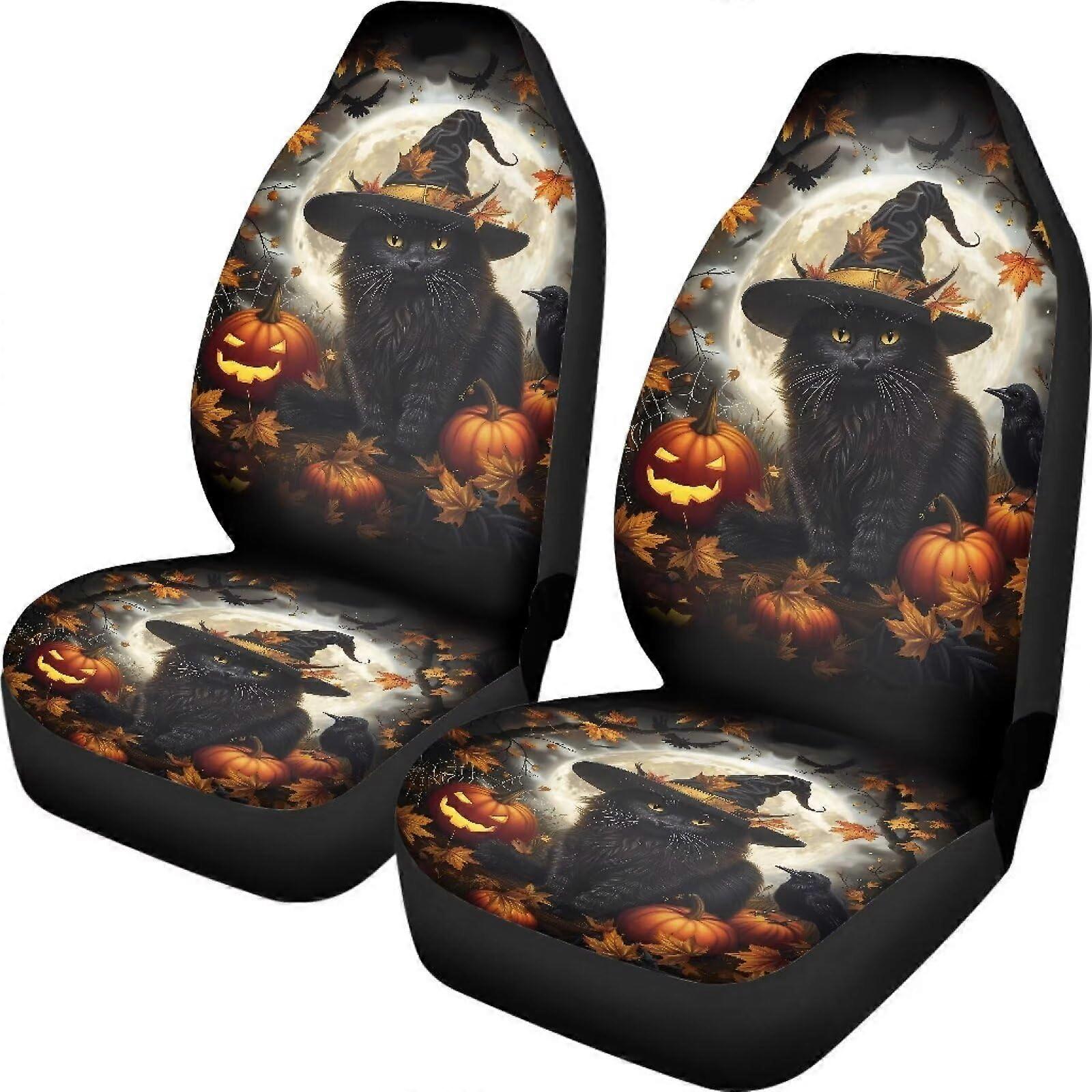 Cat Pumpkin Witch Maple Leaf Print Car Seat Covers Front Set with Elastic Band