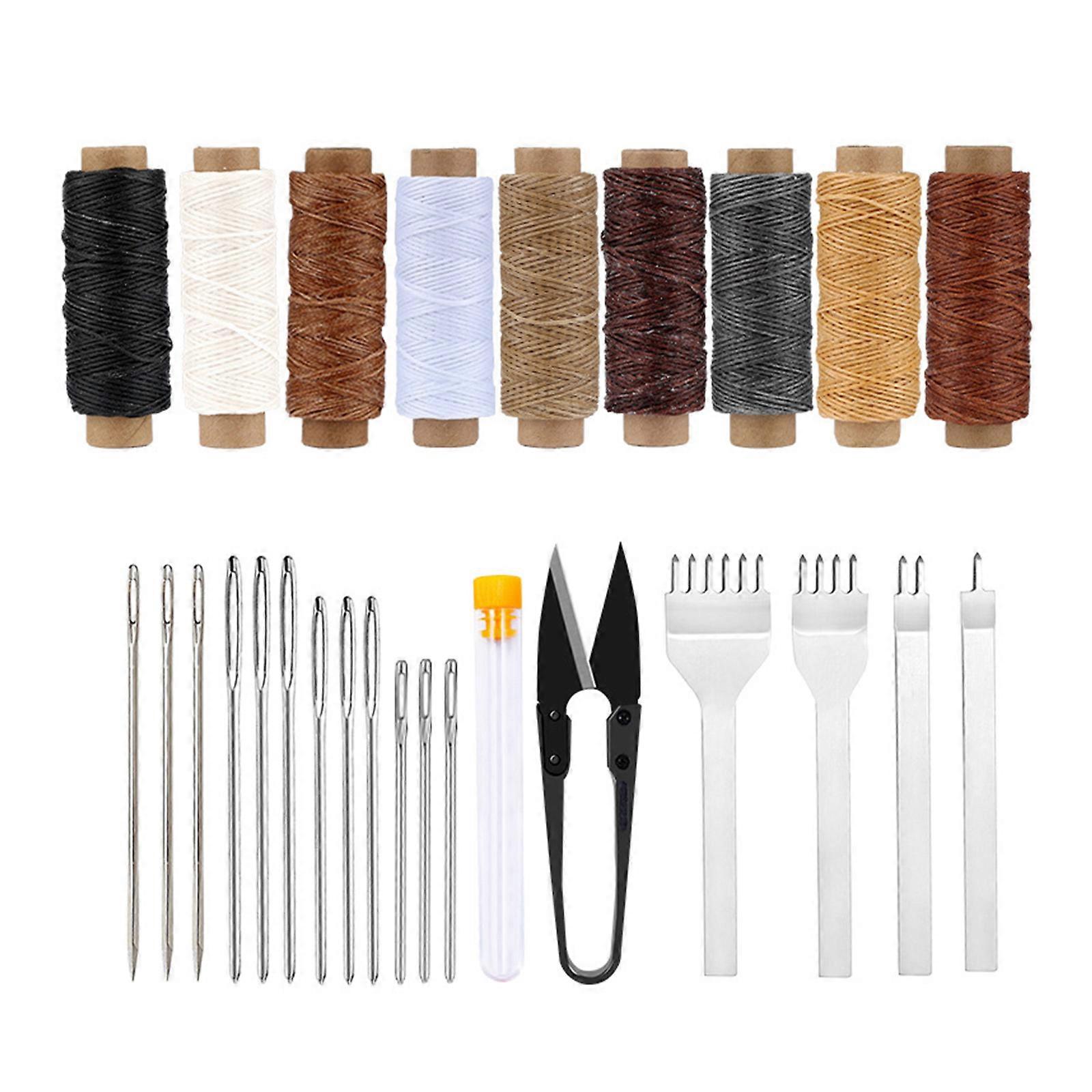 Beginner Leather Working Tool Sewing Tool with 9 Color Waxed Thread, 12 Leather Needle, 4 Stitching Punching Chisels