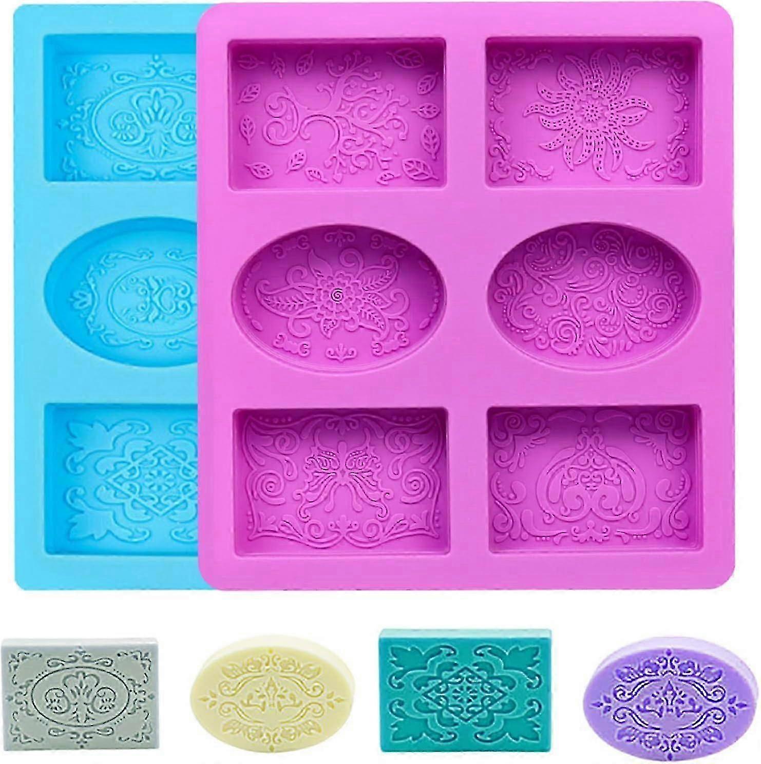 2pcs 6-Cavity Silicone Soap Molds with Lace Pattern, DIY 3D Oval/Rectangular