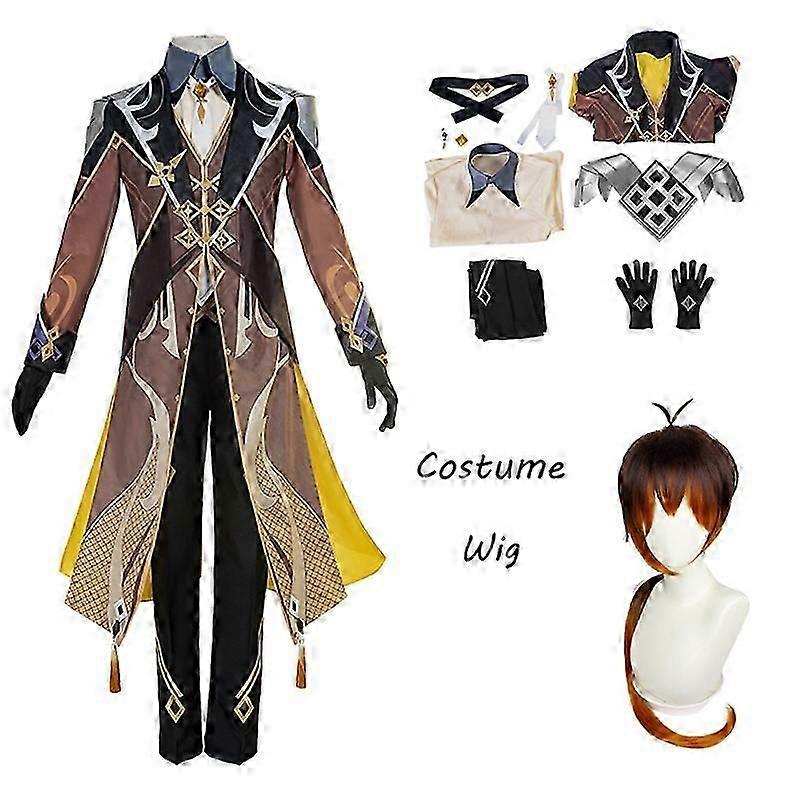 Zhongli تأثيري Genshin تأثير تأثيري لعبة زي تشونغ لي بدلة شعر مستعار زي أنيمي ملابس رجال هالوين زي حفلة وصول جديد