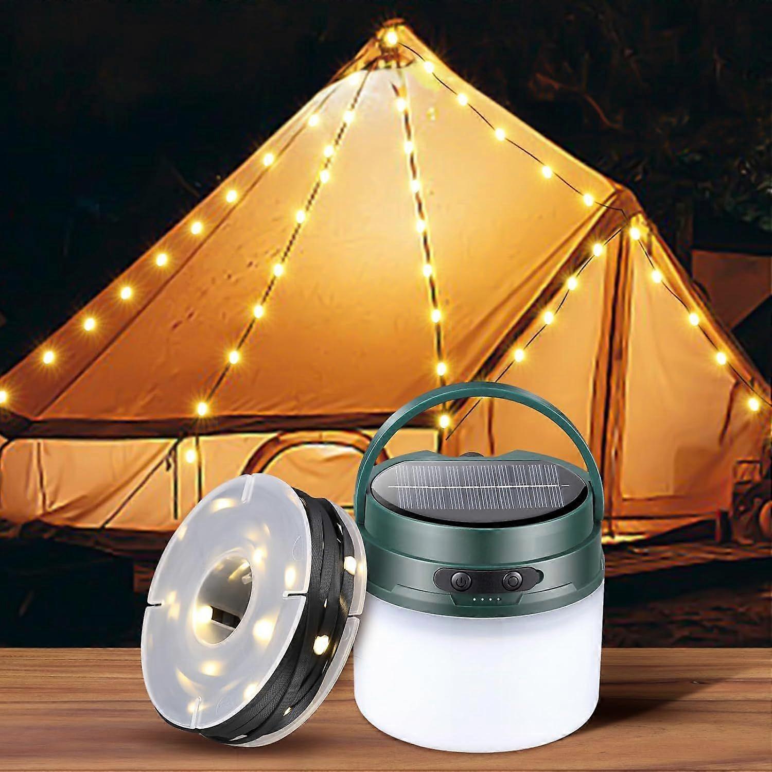 Solar Camping Lantern with String Lights, 33ft Light Strip Easy to Store, 3600mAh Rechargeable Lantern with 3 Modes, Waterproof Portable Tent Light, H