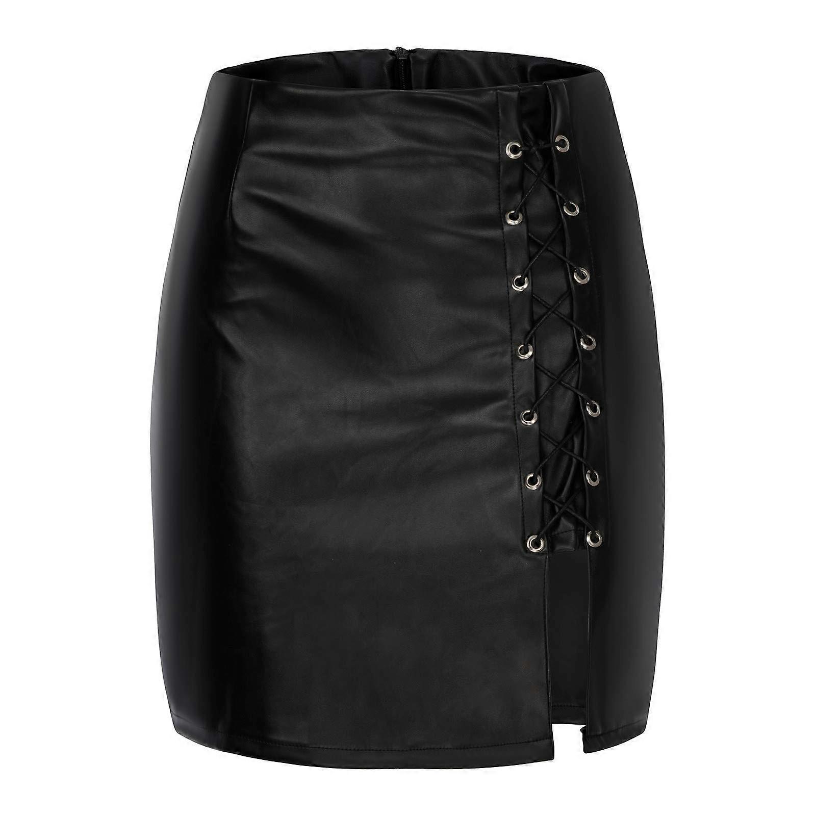 Schwarze Damen Röcke mit Schlitz, Leder Minirock Größe 38, Wickelrock, Bleistiftrock, modische Kleidung Schwarz L