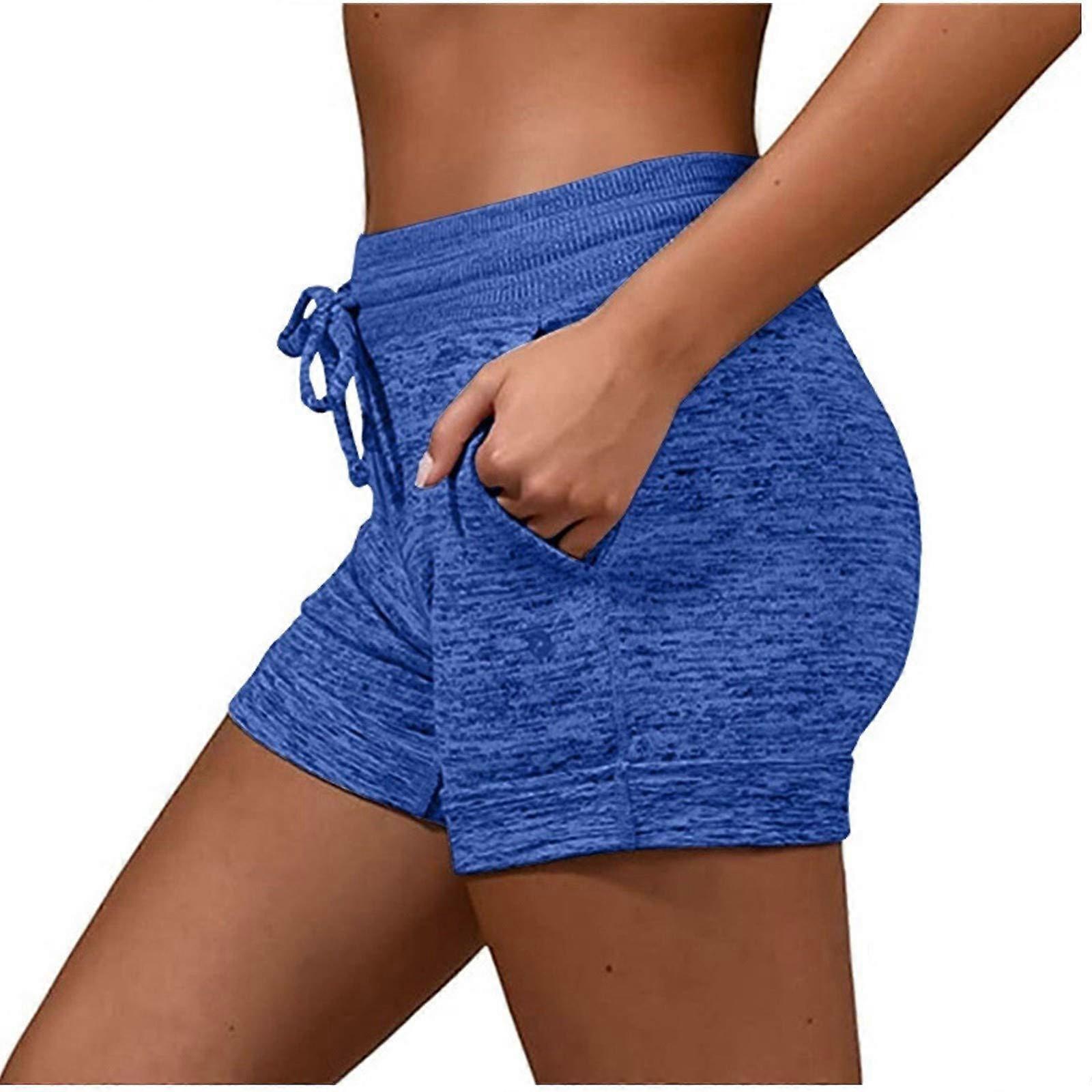 Training Shorts with Soft Pockets, Women's Comfy Drawstring Yoga Pants, Seamless Under-Rock Shorts, Blue, Size L