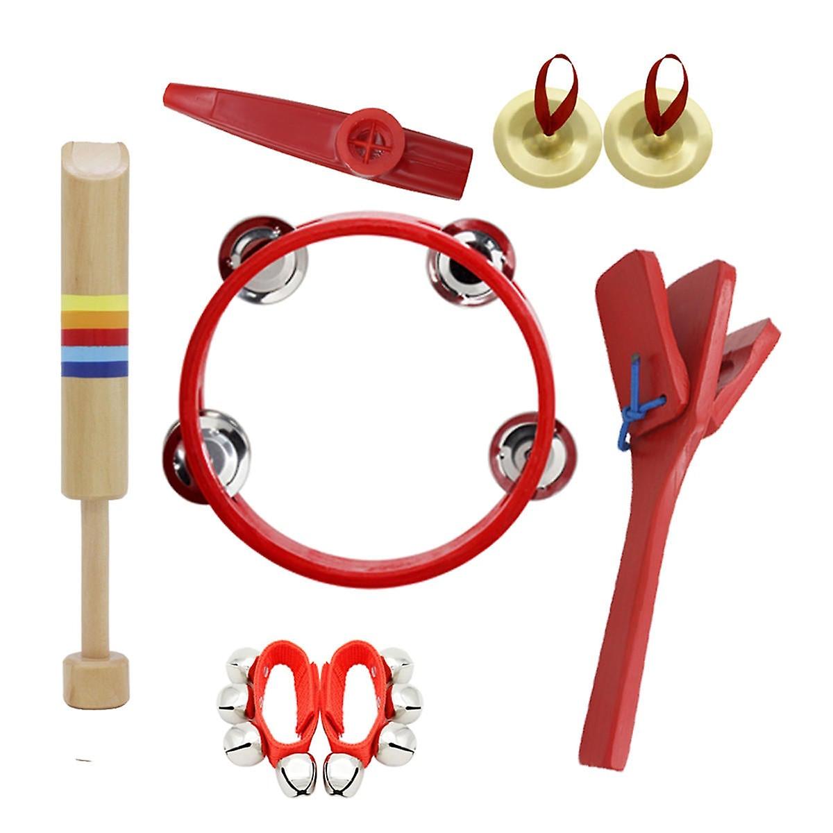 6 Piece Set Orff Musical Instruments Tambourine/wooden Flute/finger Cymbal/wrist Bell/kazoo/castanet