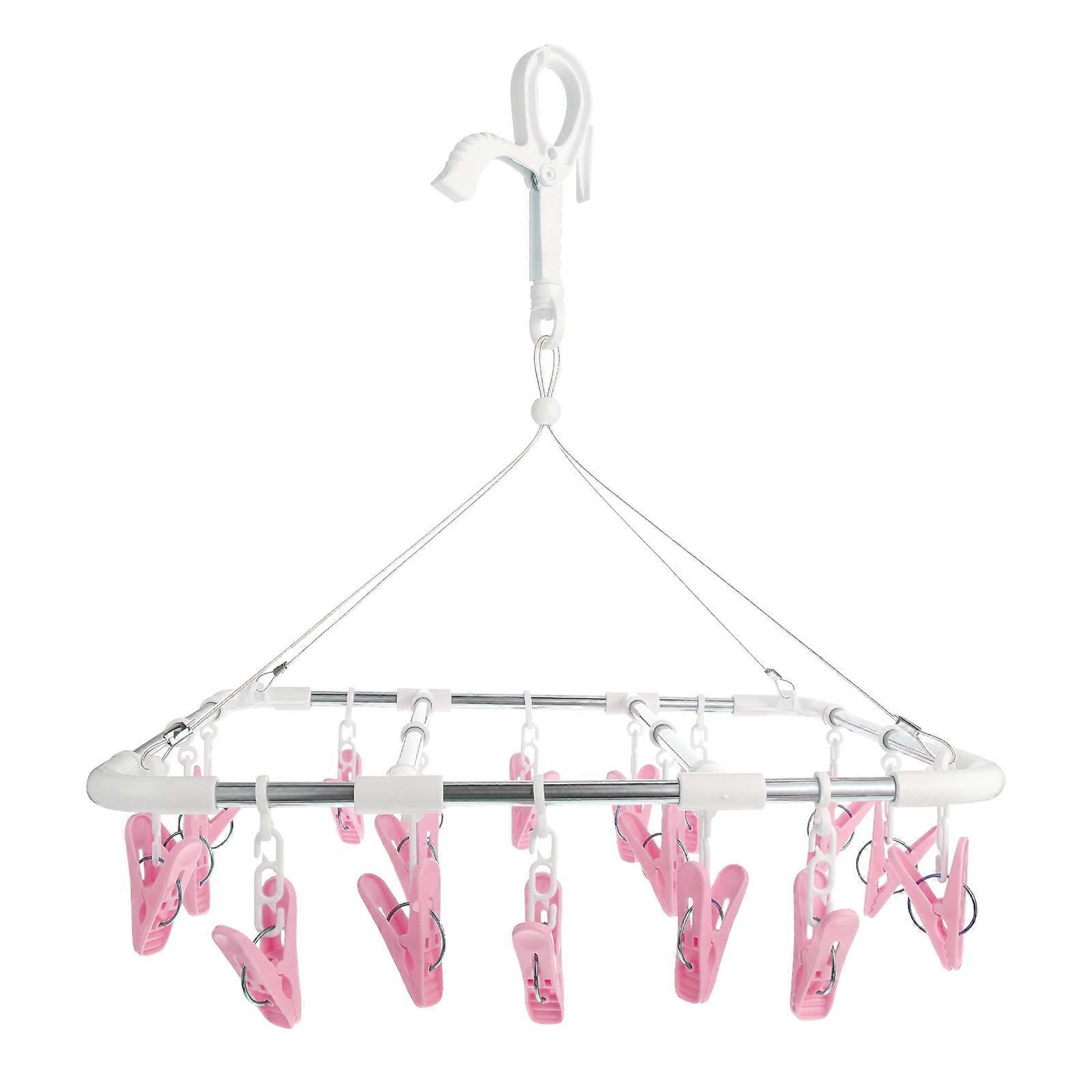Clothes Drying Equipment Household Laundry Hanger Drying Rack with 18 Clips for Indoor Use Pink Foldable 1Set
