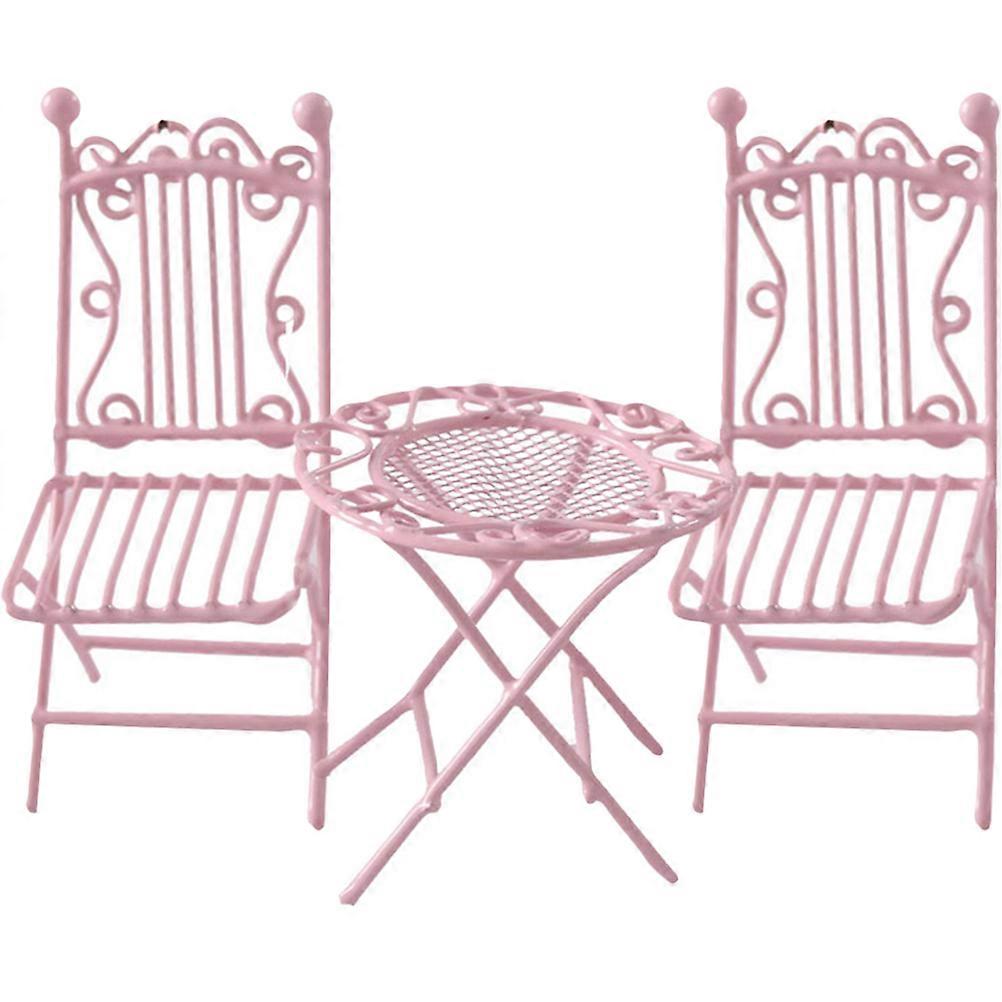 Miniature Bistro Table and Chair Set Pink Iron Furniture for Tiny House Decor 1/12 Scale 3pcs