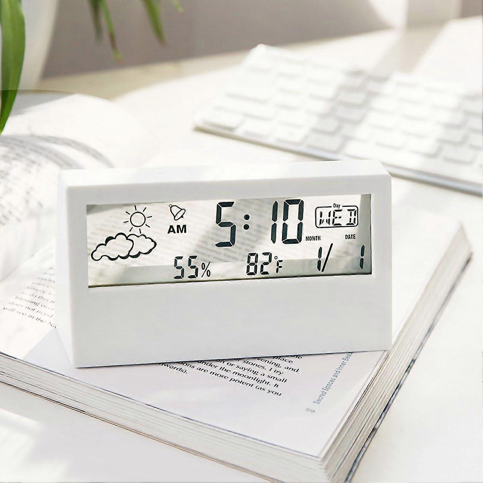 LCD Digital Alarm Clock Clear Display Simple Design Digital Thermometer Hygrometer for Home Bedroom School Office White Transparent