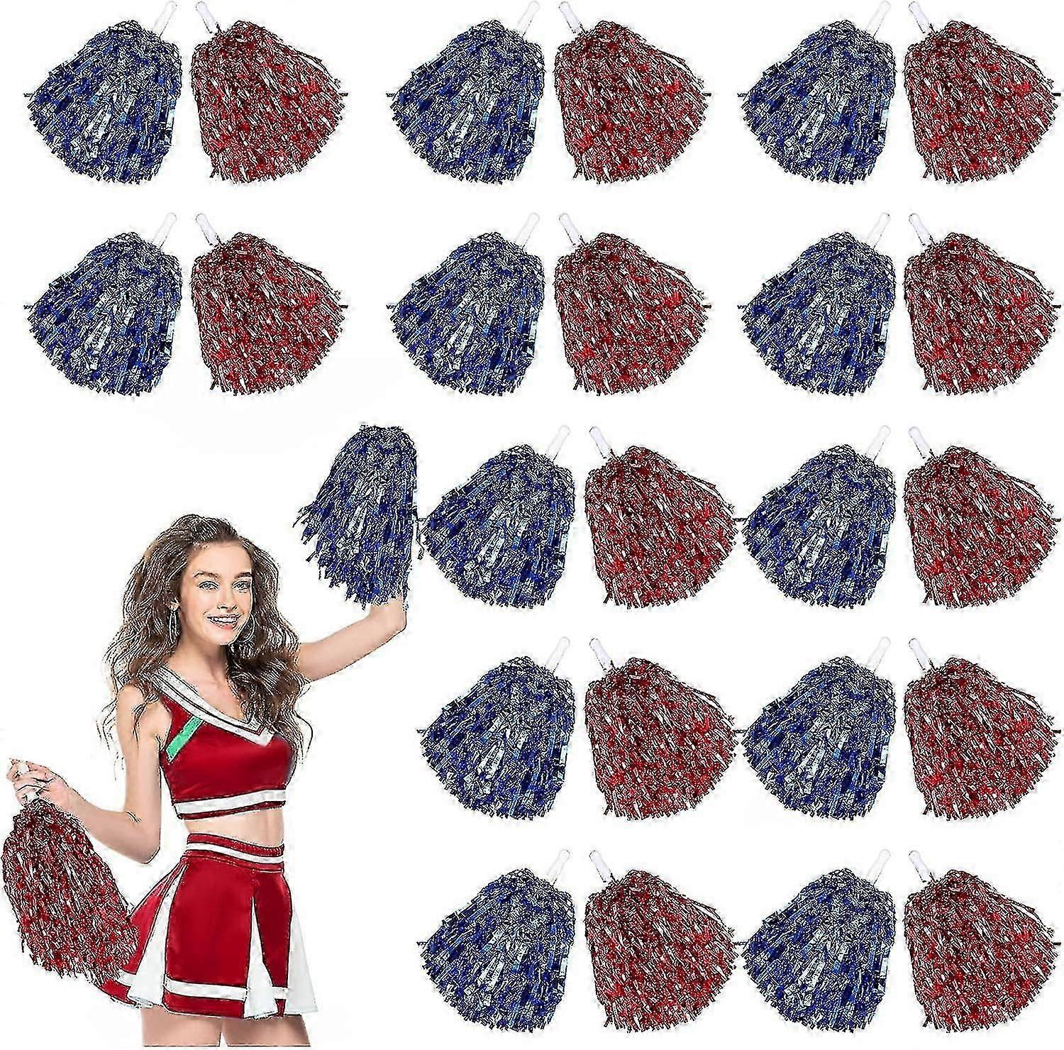 24 Pcs Cheerleading Pom Poms, Metallic Foil Handle Cheer Squad Team Spirited Fun