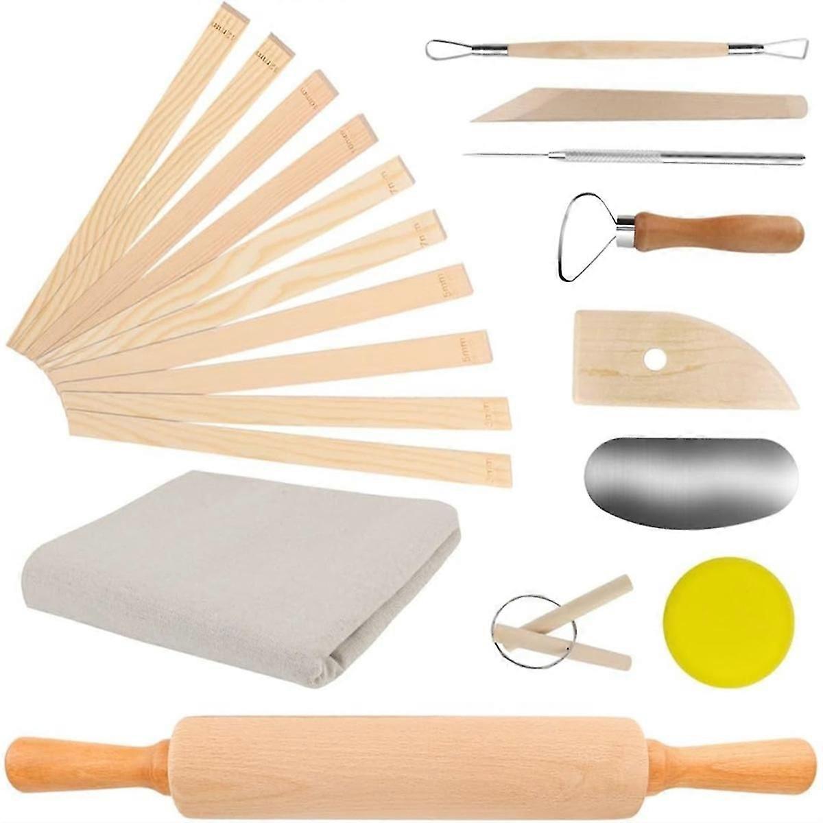 20Pcs Pottery Teaching Kit,with Rolling Pin,Pottery Teaching Rolling Mud Sticks,Clay Sculpting Tool
