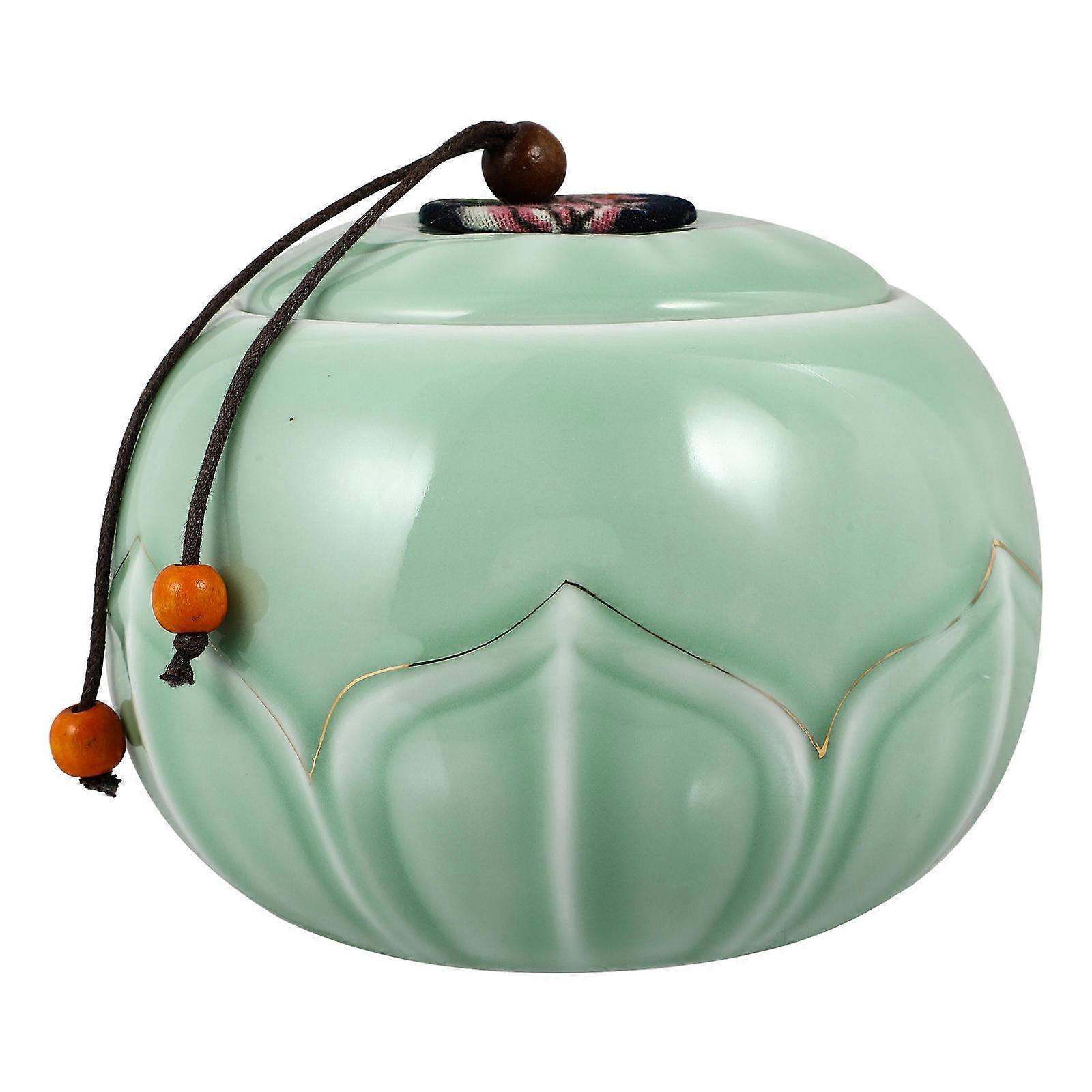 Light Green Ceramic Sealed Tea Jar with Lotus Design for Storage Use 1Pcs