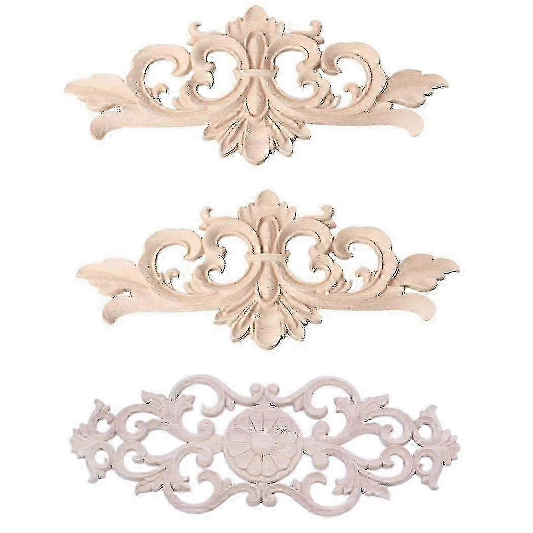 3 Pcs Rubber Wood Carved Applique Retro Furniture Crafts Decor 40x15cm & 22x10cm