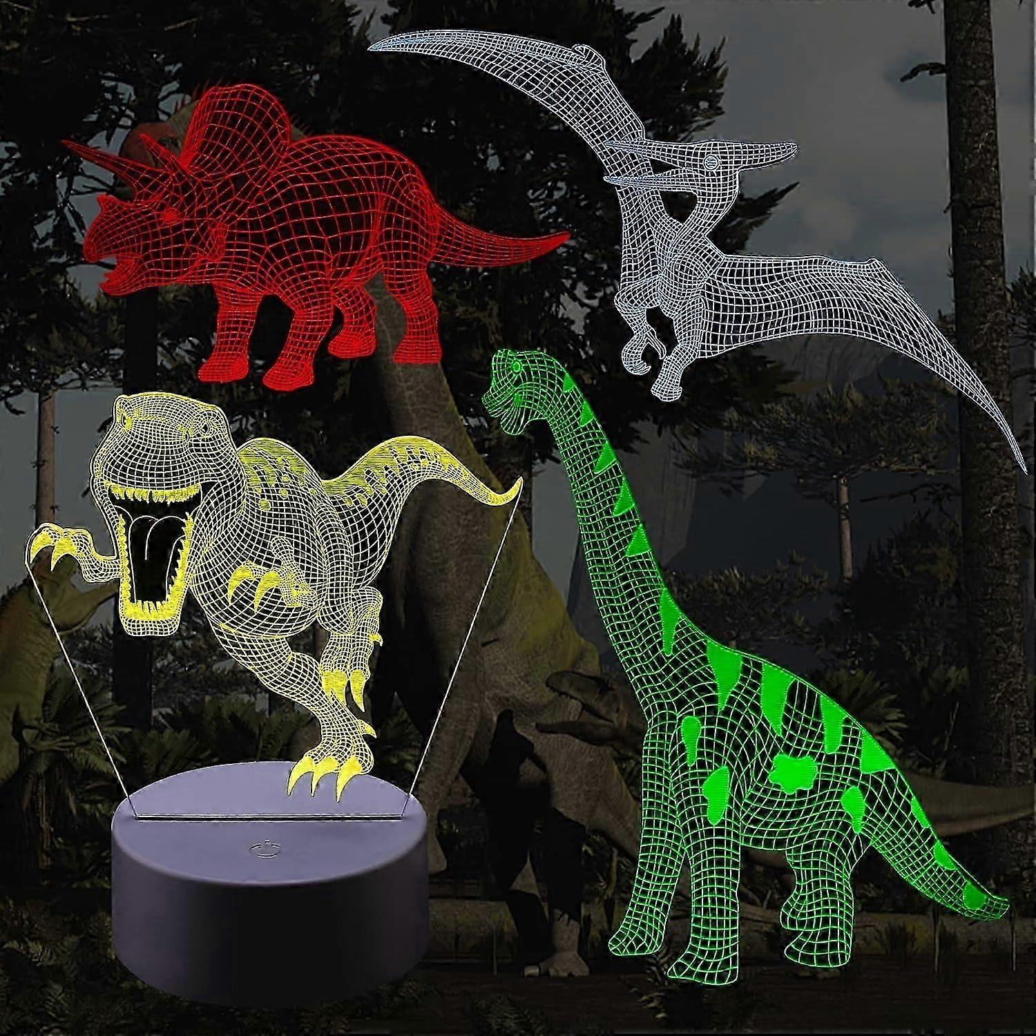 4 Pattern 3D Dinosaur Night Light, 16 Colors Changing Dimmable Illusion Lamp with Remote Control and Smart Touch Function, Dinosaur Toy Gift