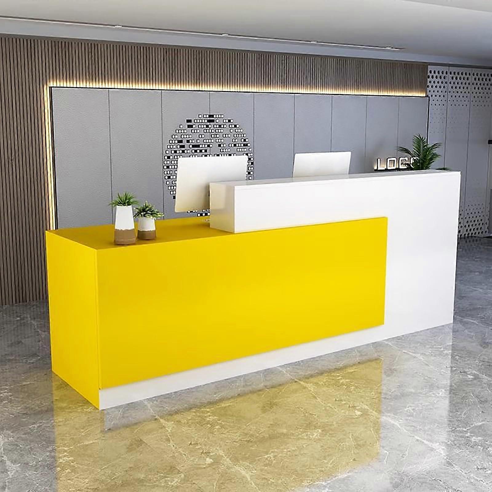 Modern Reception Desk With Counter Lockable Drawers Wooden Checkout Counter Beauty Lobby 63Inch Wide White Yellow
