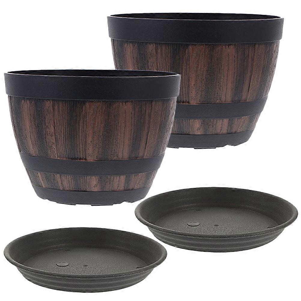 Classical Flower Barrel Planter with Tray Imitation Wood Design for Courtyard Balcony 22.8X17CM 2 Sets