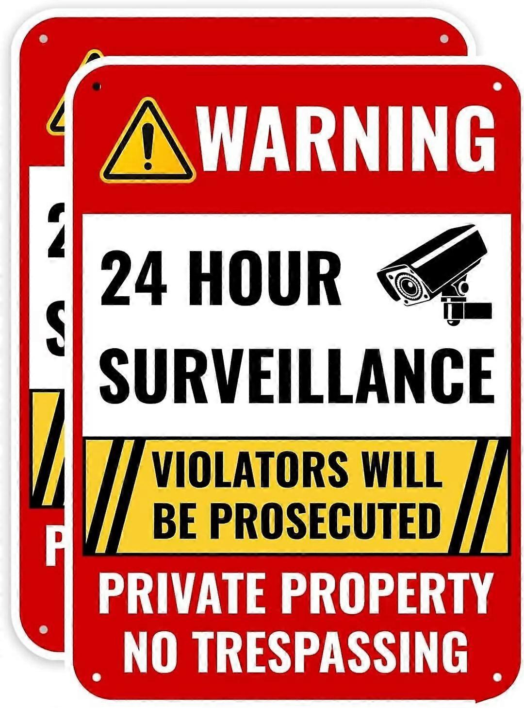 2PC 24 Hour Surveillance Sign, 14 x 10 Inches - Aluminum - Private Property No Trespassing - Security Camera Metal Warning Sign
