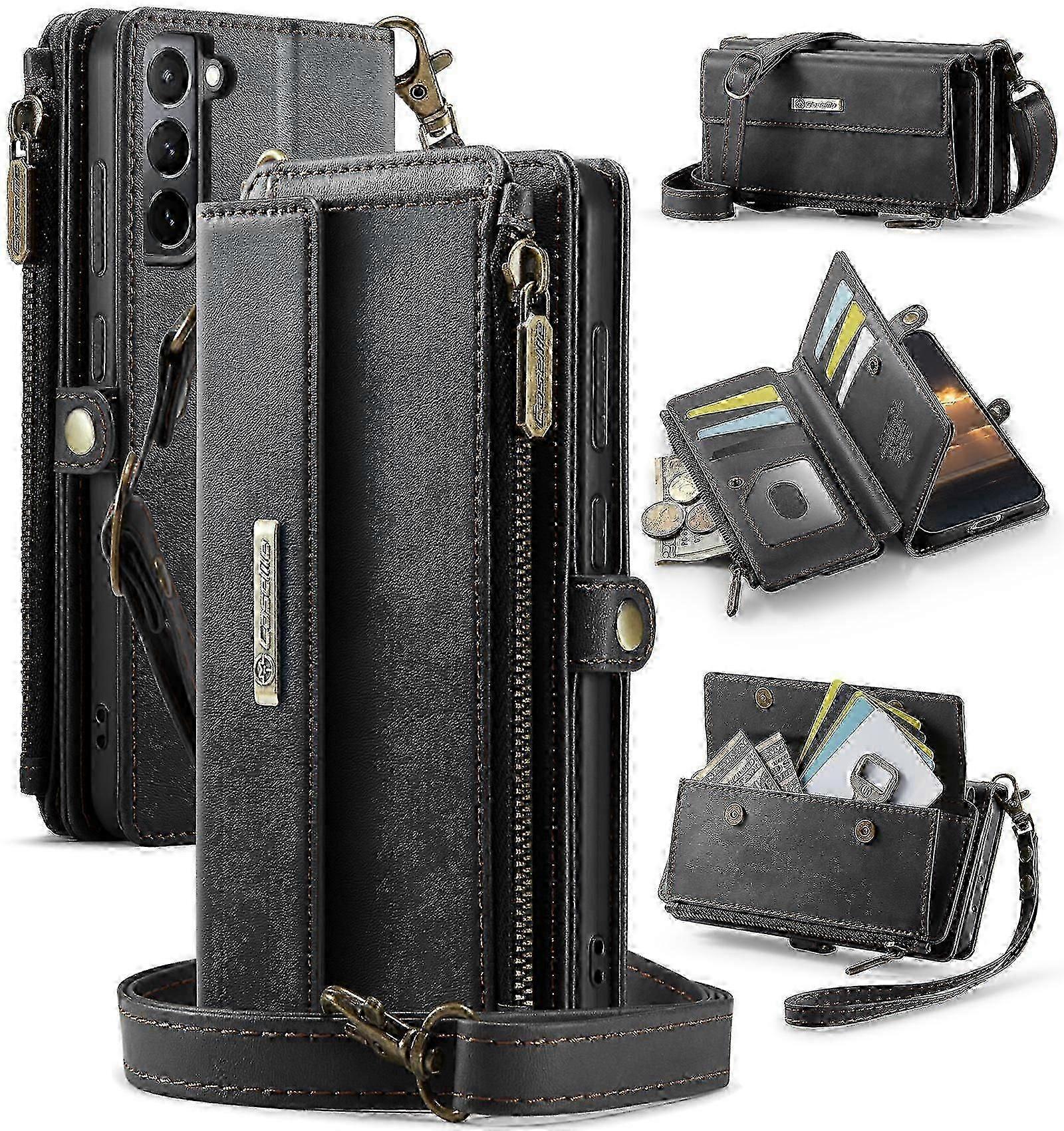 CaseMe C39 RFID Blocking Zipper Wallet Leather Phone Case with Crossbody Strap