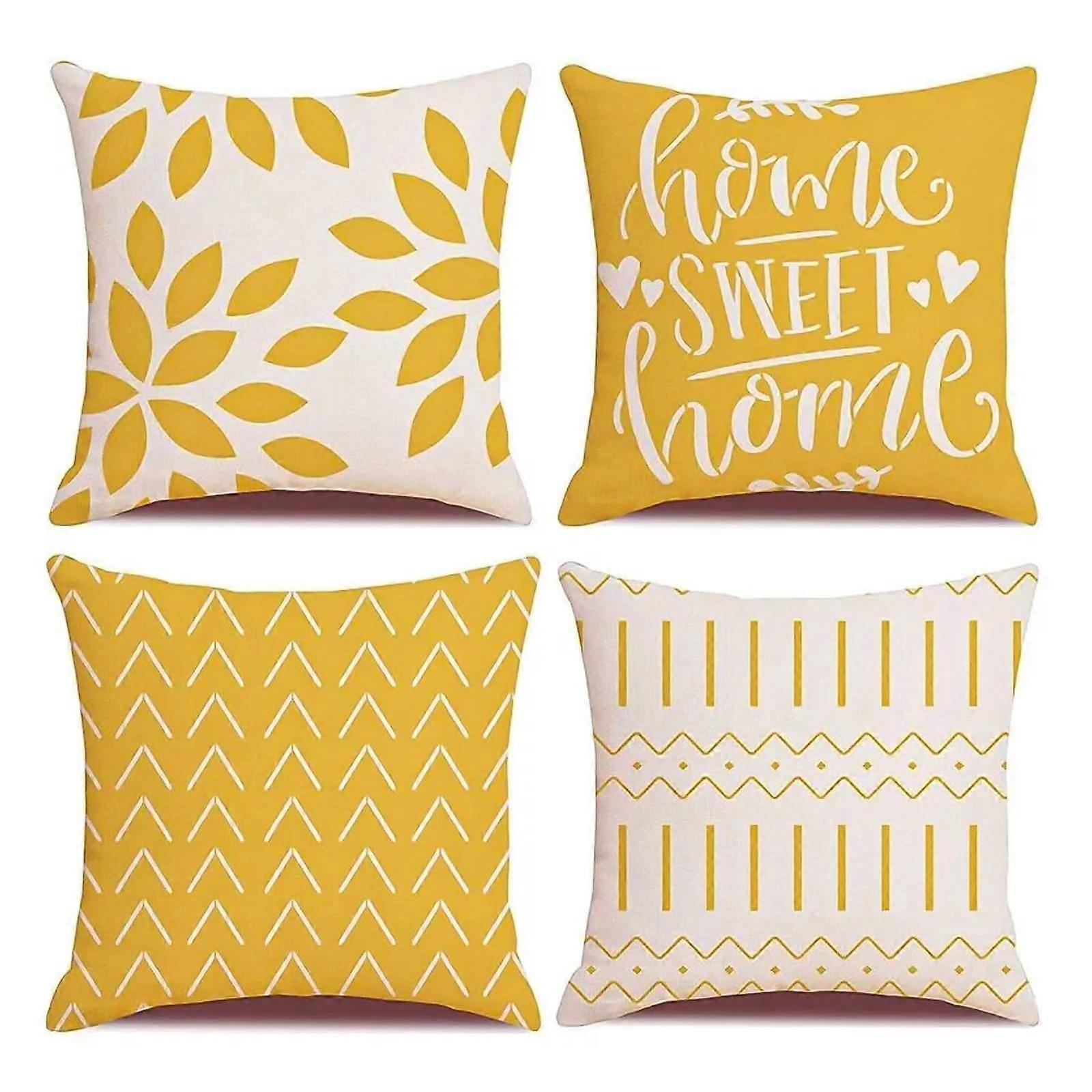 Cushion Covers Set Of 4, 18x18 Inches, Linen, Yellow Geometric Decorative Square, Invisible Zipper Pillowcases, 45x45 Cm