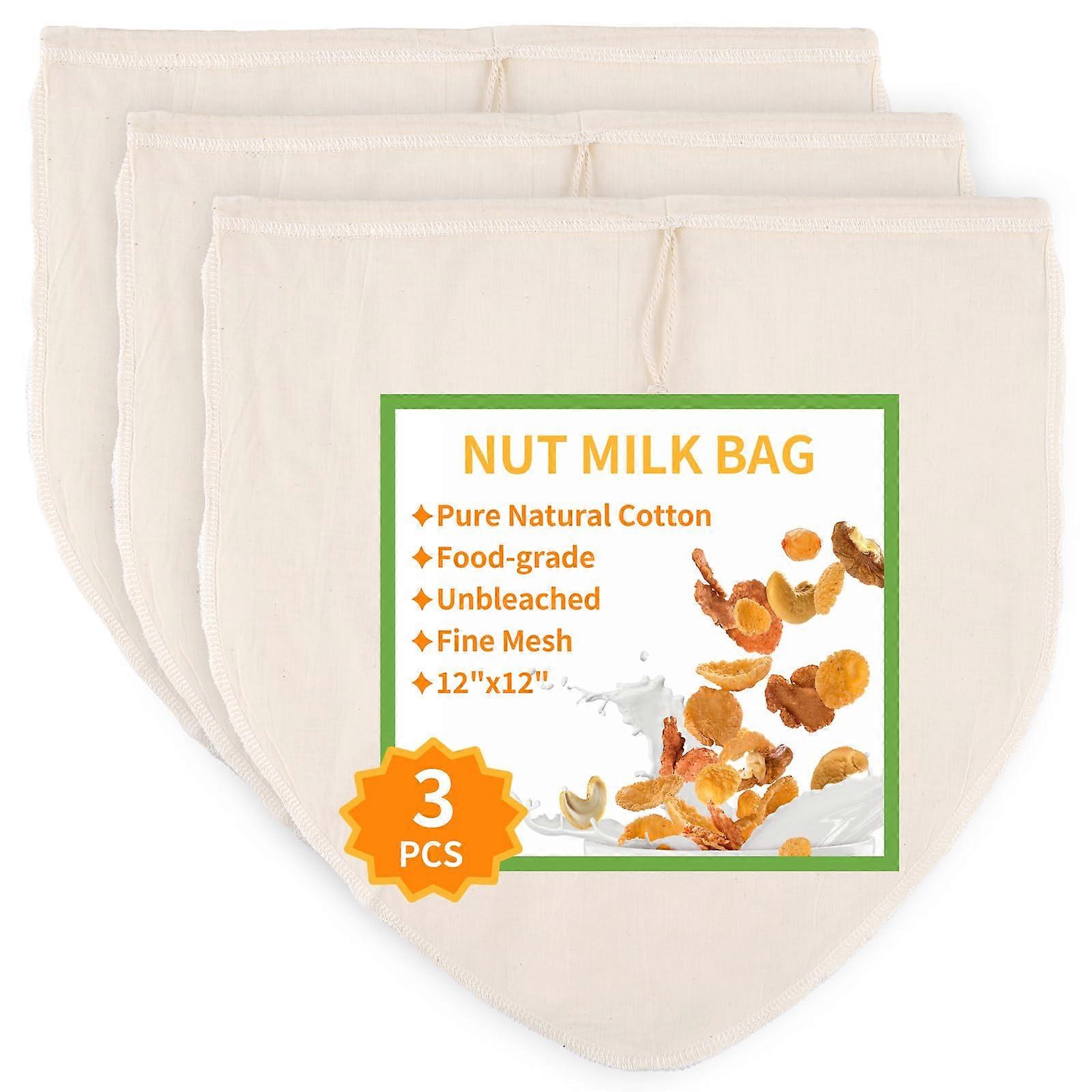 3 Pcs 12x12 Nut Milk Bag, Unbleached Cotton Cheese Cloth for Smooth Residue Straining