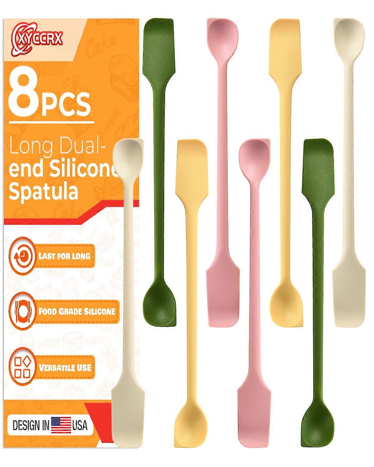8PCS Dual End Silicone Spatula Set with Long Handle Mini Spoon and Scraper for Kitchen and Jars