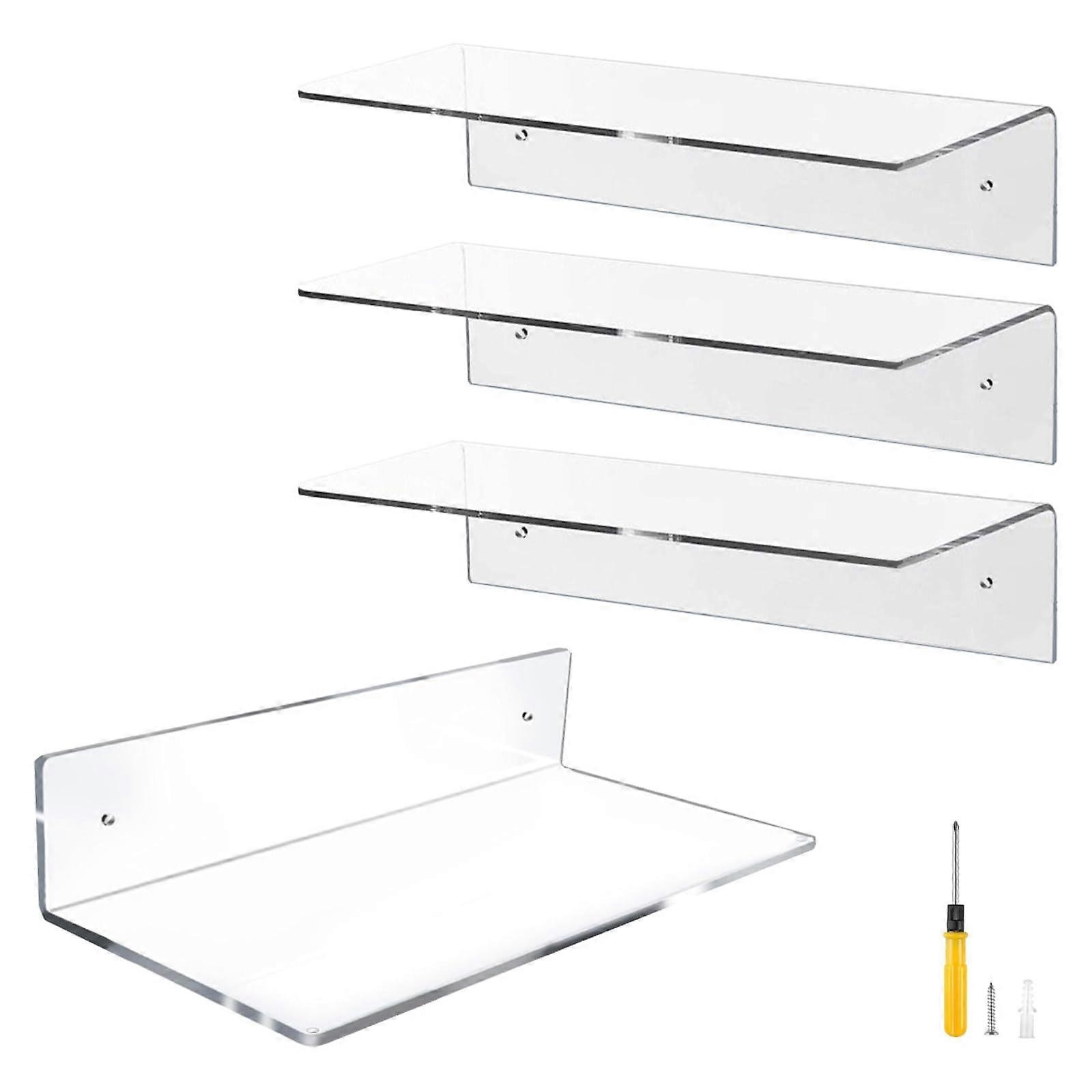 4 Pcs 12 Inch Clear Acrylic Floating Shelves Wall Mounted, LShaped Invisible Display Storage