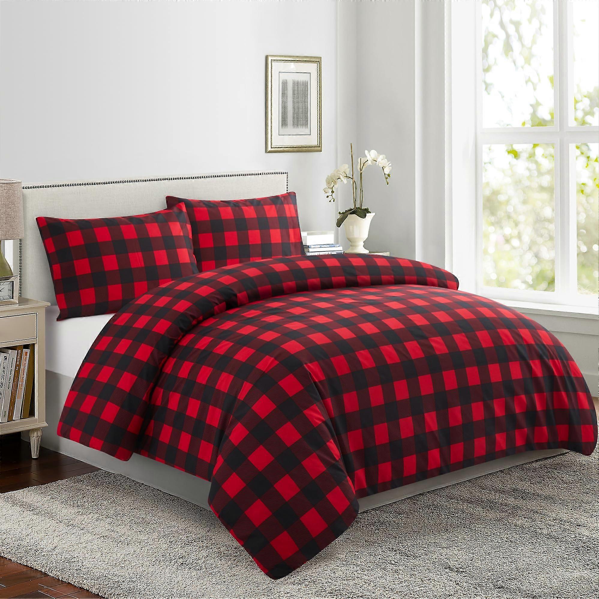 King Bedding Set Red Black Plaid Breathable Bamboo Blend with Duvet Cover and DeepPocket Sheet