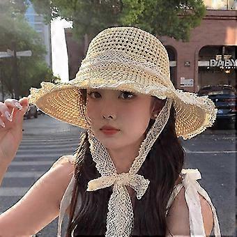 25-26 Women Lace Visors Hat Wide Large Brim Beach Hats Summer Straw Hat Foldable Sun Hat Fashion Beach UV Protection Cap