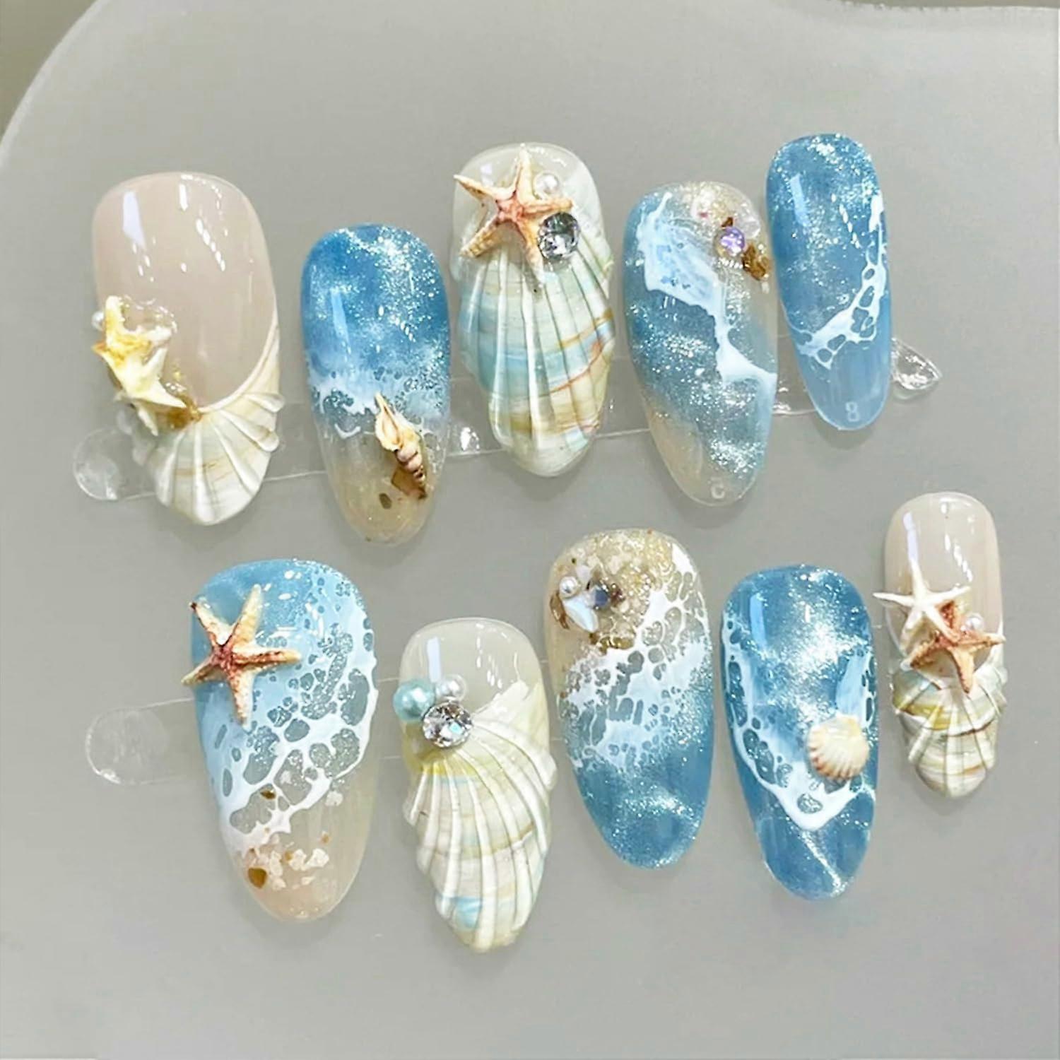 Press on Nails Medium Almond Acrylic with 3D Starfish Design Summer Beach Reusable False Nails