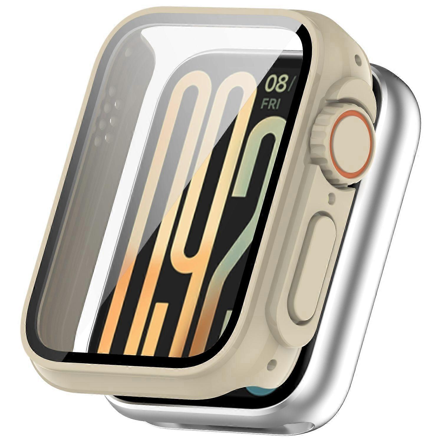 For Xiaomi Smart Band 9 Pro Plastic PC Smart Case + Tempered H9 Hard Glass Beige