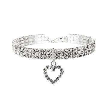Pet Necklace Cute Dog Cat Elastic Adjustable Blingbling Rhinestone Collar Necklaces with Heart Pendant(Silver M)