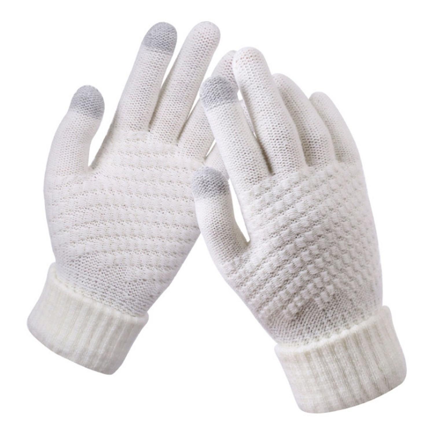 1 Pair Full Fingers Solid Color Knitting Gloves Fleece Lining High Elastic Unisex Touch Screen
