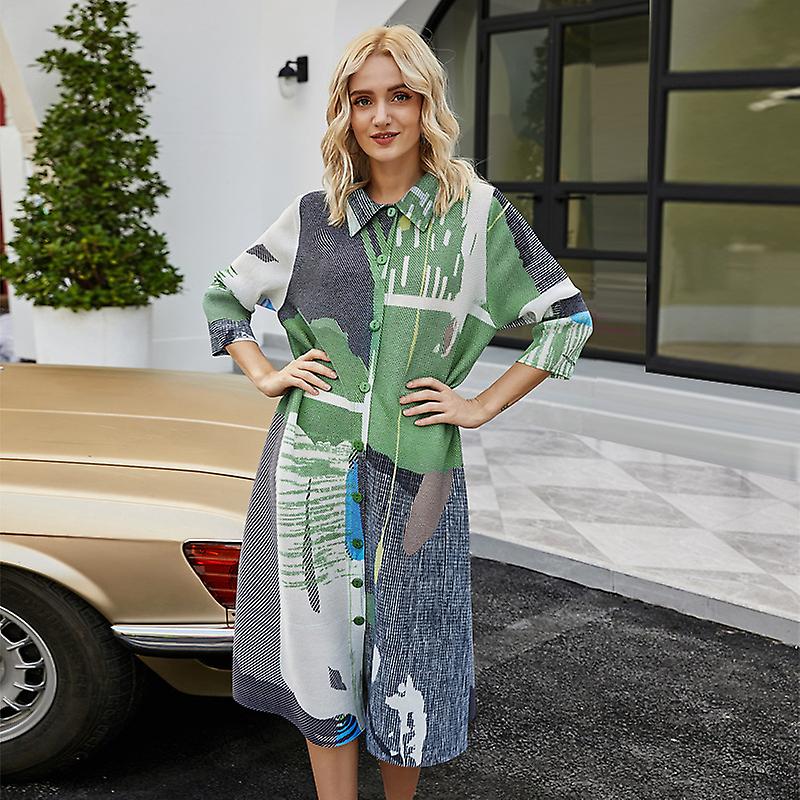 Women's Summer Pleated Dresses 3/4 Sleeve Lapel Collar Slim Waist Button Button Down Swing Dress Wrap Flowing Plus Size Women's Dresses