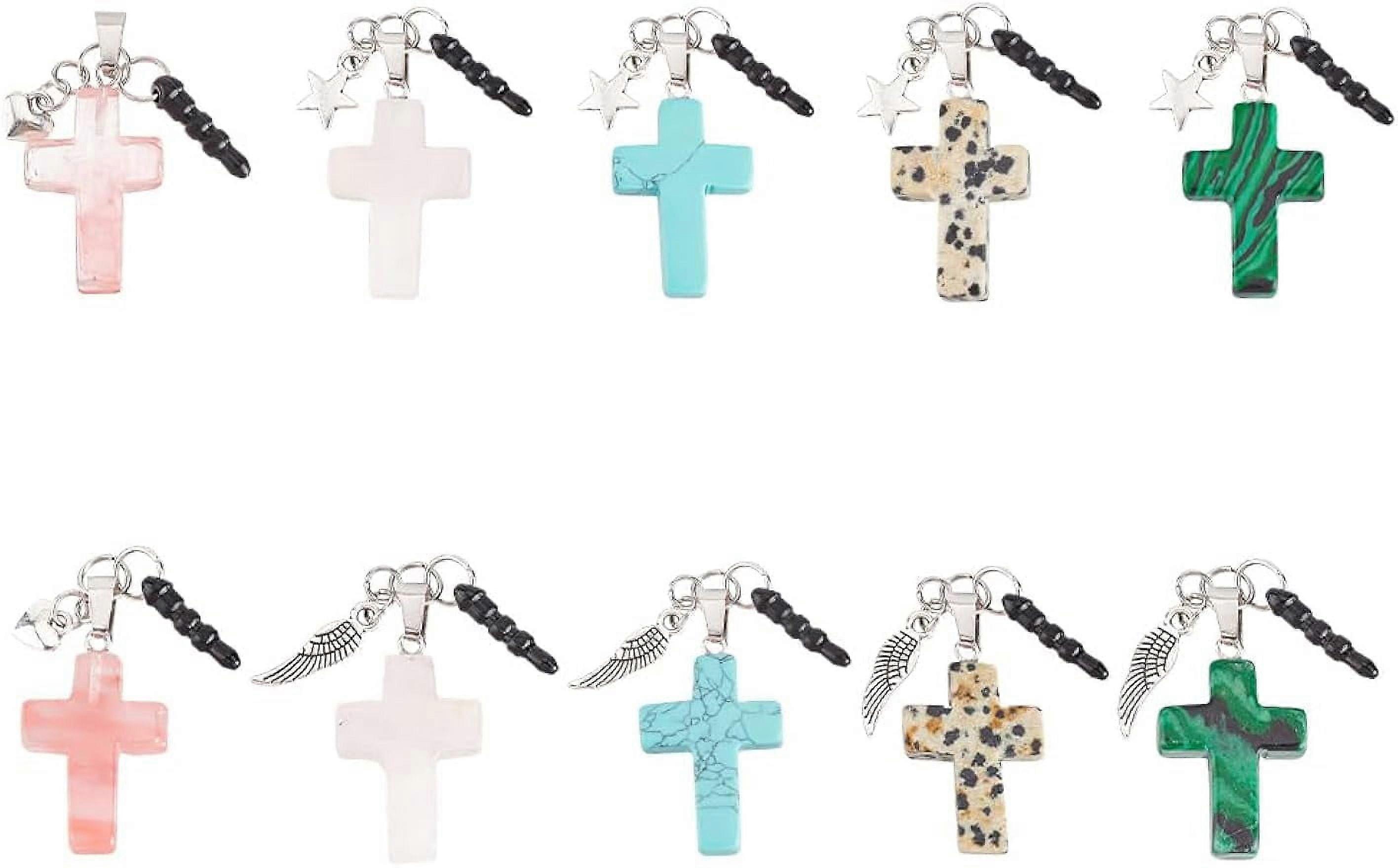 10 Pcs Cross Gemstone Pendant Cell Phone Dust Plug Alloy Charm Mobile Dustproof Plugs Cross Gemstone with Alloy Wing/Star/Heart Charms for 3.5mm Cellp