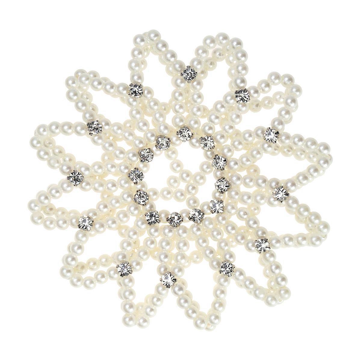 Elastic Hair Snood Net Handmade Crochet Pearl Hairnet Heardress for Dance Performance (White)