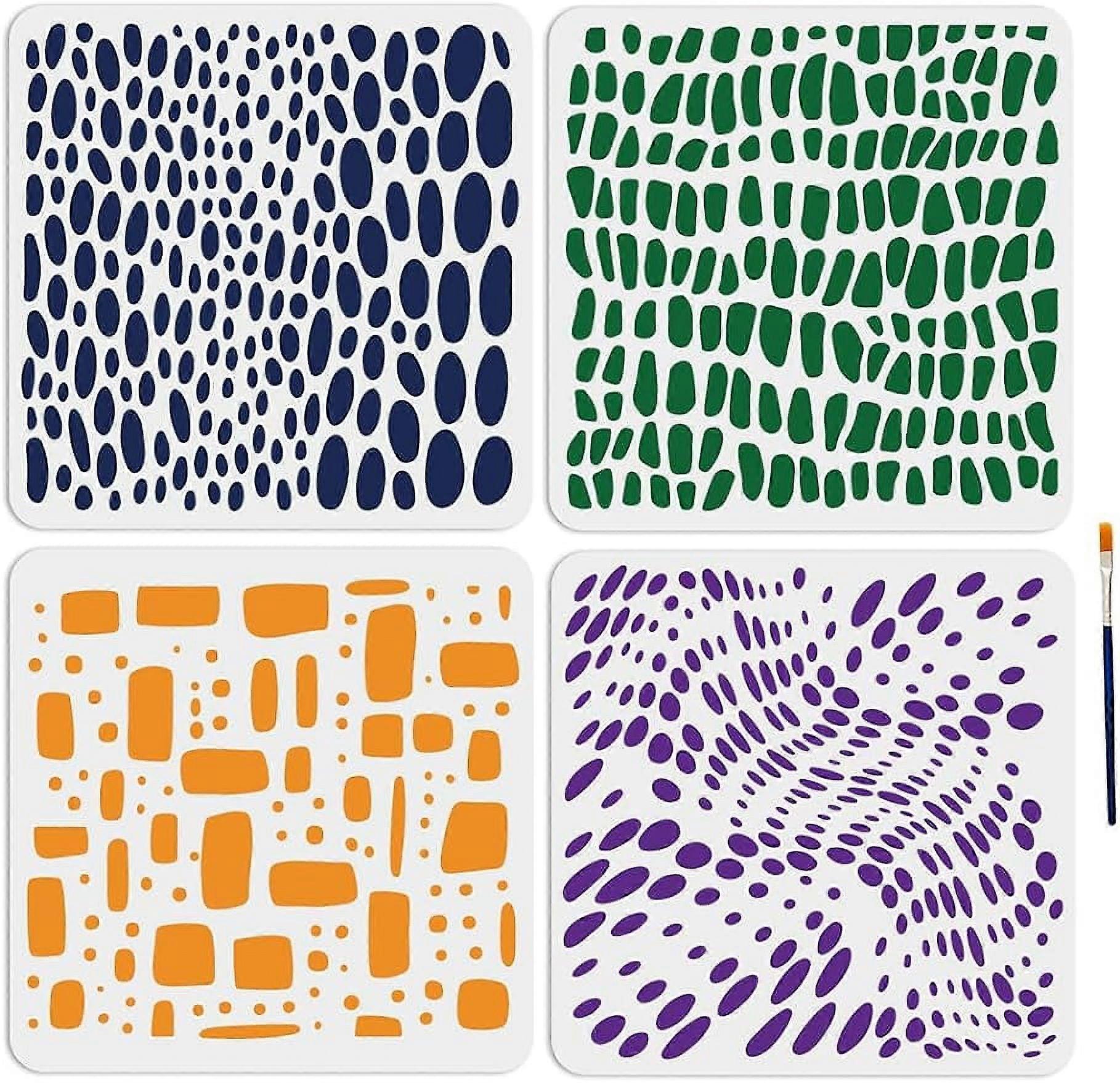 4pcs Geometric Texture Stencil Oval Rectangle Texture Painting Templates with Paint Brush Reusable Wall Texture Stencils